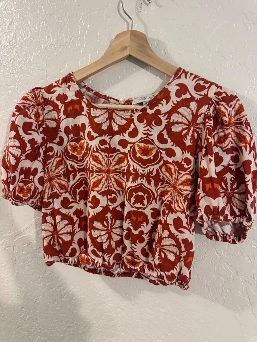 Rachel Zoe Linen Puff Sleeve Floral Boho Print Cropped Hippie Top - Picture 3 of 10